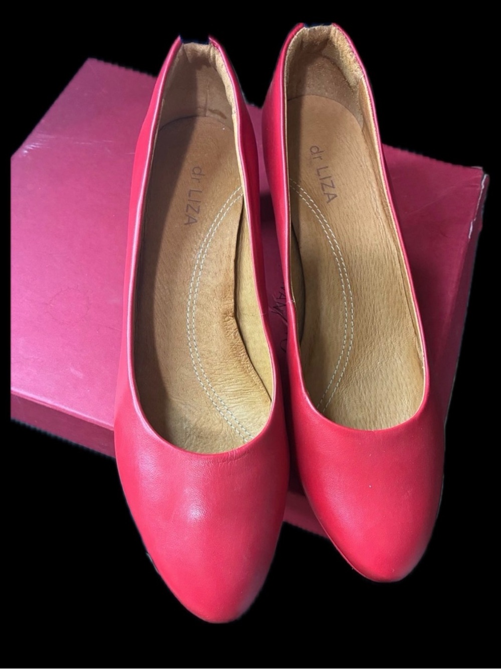 Red Leather Block Heels with Blue Soles